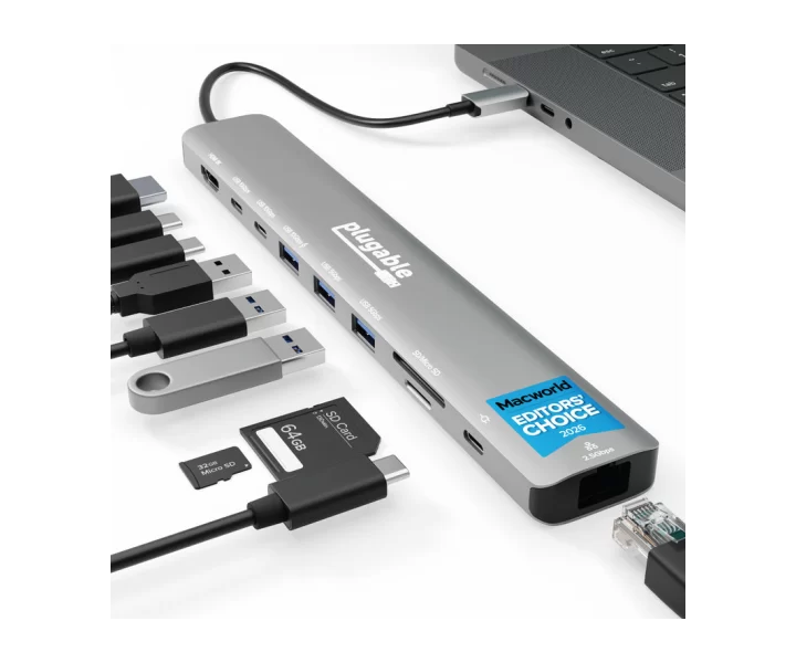 Plugable USB-C Hub 10-in-1 with 4K 144Hz HDMI, 2.5Gbps Ethernet, 140W Pass-Through Charging