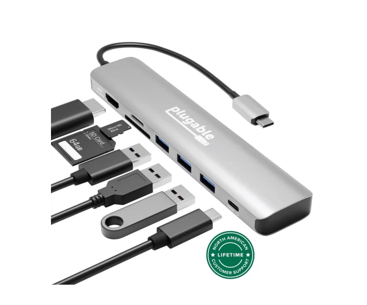 Plugable USB-C Hub 7-in-1 with 4K 60Hz HDMI, 100W Pass-Through Charging