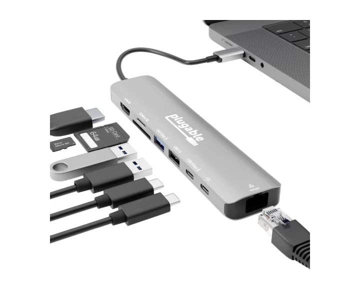 Plugable USB-C 8-in-1 Hub, 4K 144Hz, 100W Pass-Thru Charging