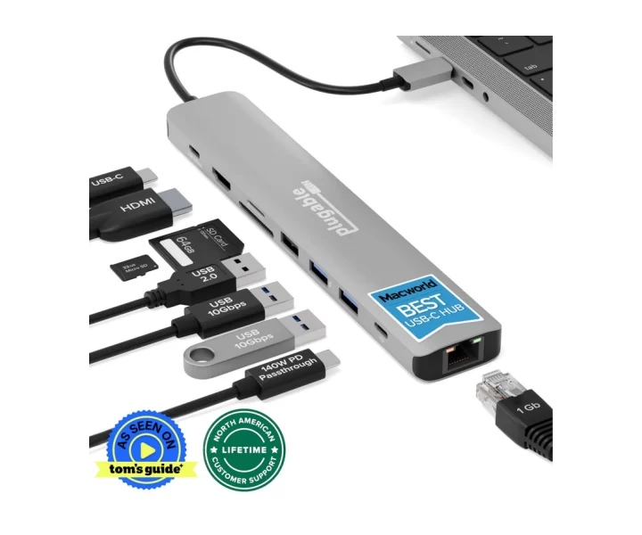 Plugable 9-in-1 USB-C Hub with 4K HDMI, 140W Pass-Through Charging