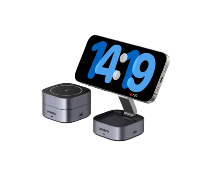 UGREEN MagFlow 2-in-1 Wireless Charger (Qi 15W, MagSafe Compatible, Foldable)