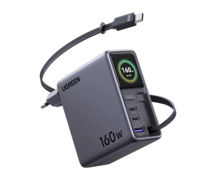 UGREEN Nexode Pro Smart Display Charger (160W, 4-Port, GaN, Retractable Cable, App Control)
